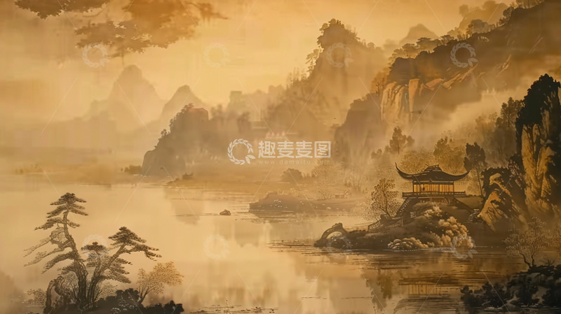 高清大图下载【趣麦麦图】中国风山水水墨复古场景插画