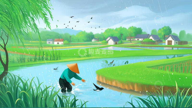 高清大图下载【趣麦麦图】农耕谷雨插画背景