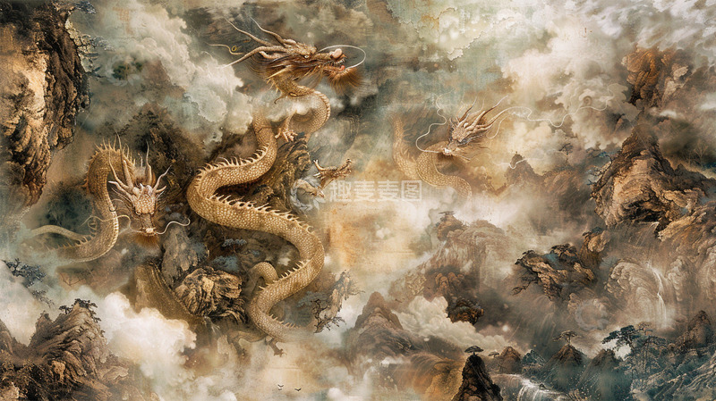 高清大图下载【趣麦麦图】中国风壁画龙祥云插画场景