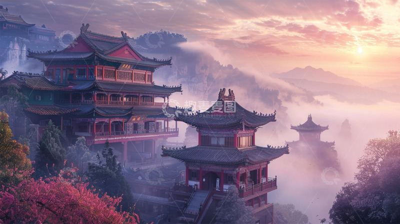 高清大图下载【趣麦麦图】中国风建筑场景山水植物