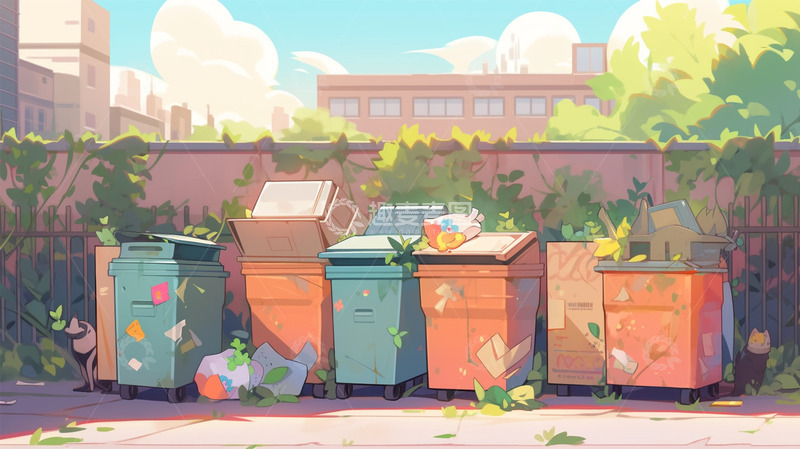 高清大图下载【趣麦麦图】分类垃圾桶环保插画场景卡通
