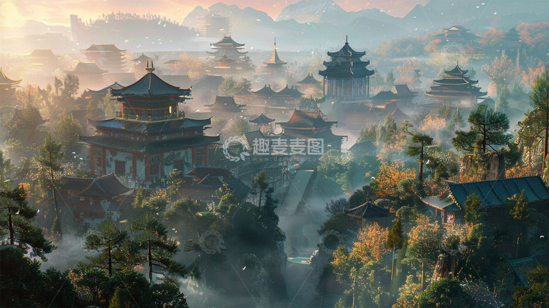 高清大图下载【趣麦麦图】-中国风建筑山水场景背景