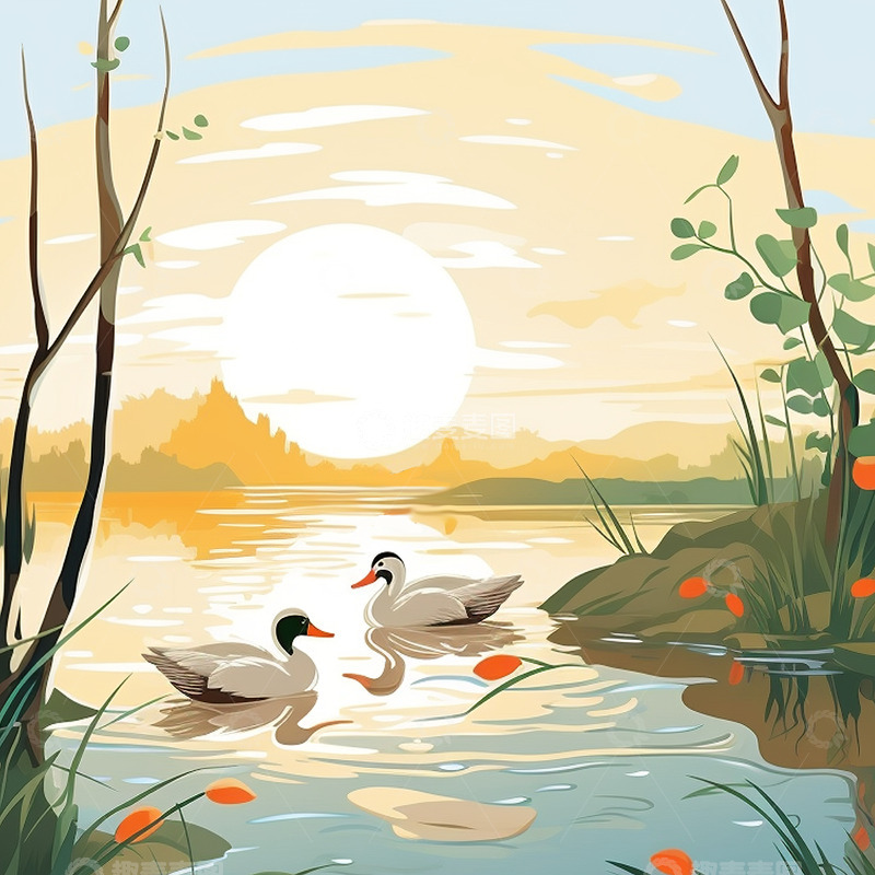 高清大图下载【趣麦麦图】落日春江水暖鸭子游水背景插画