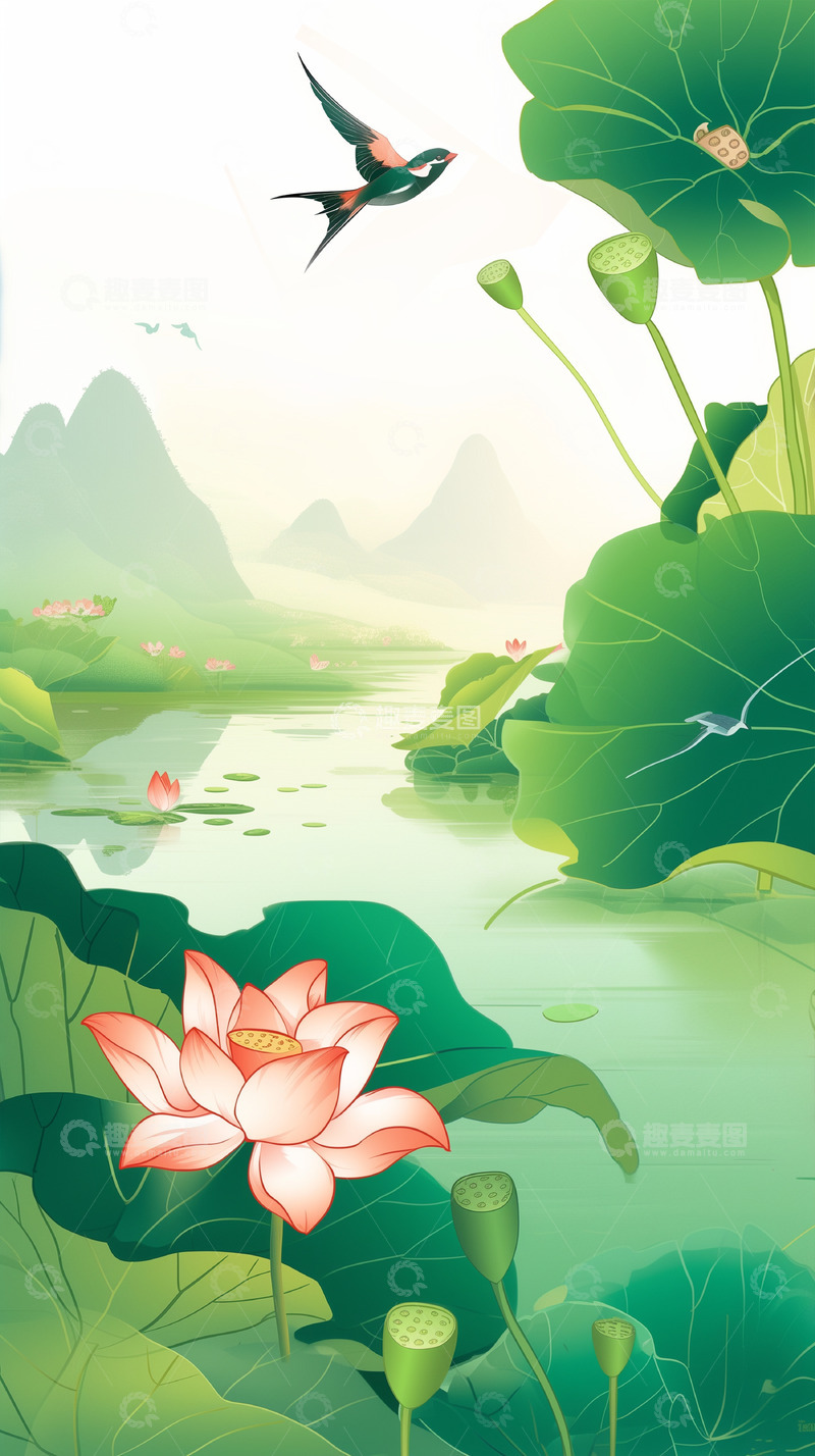 高清大图下载【趣麦麦图】国风燕子荷花插画背景