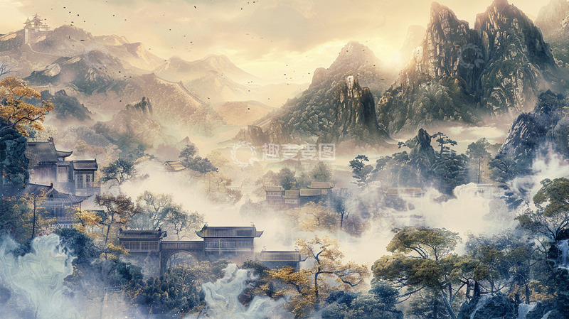 高清大图下载【趣麦麦图】中国风山水建筑唯美场景插画
