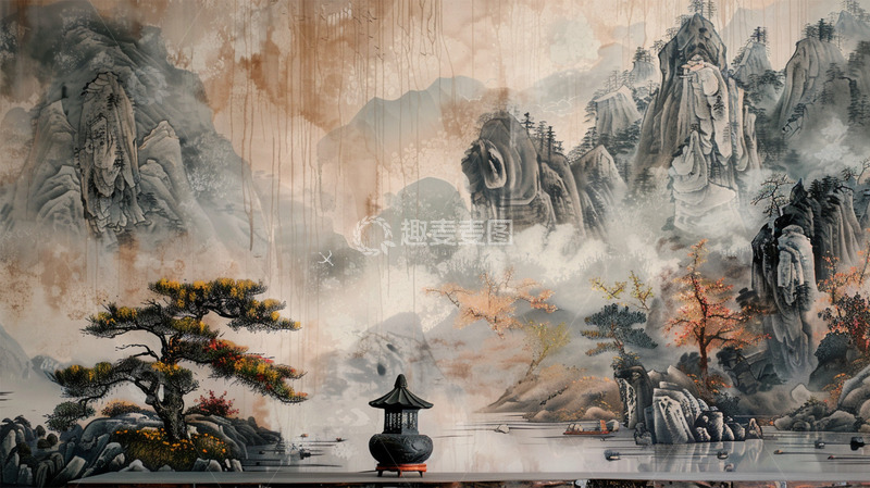 高清大图下载【趣麦麦图】中国风绘画国潮新国风山水场景插画