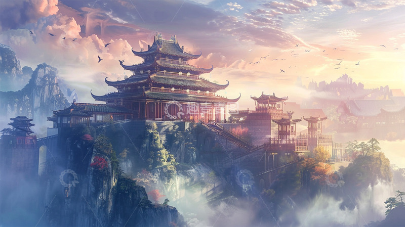 高清大图下载【趣麦麦图】中国风建筑山水场景宏伟