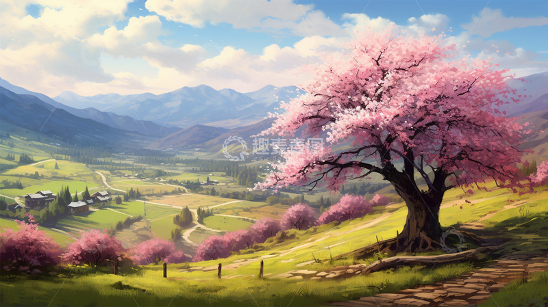 高清大图下载【趣麦麦图】春天粉色大树鲜花山唯美场景