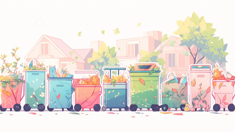 高清大图下载【趣麦麦图】环保分类垃圾桶卡通插画场景