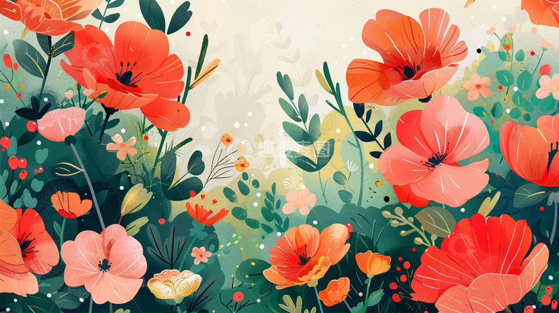 高清大图下载【趣麦麦图】春天鲜花植物扁平渐变插画背景