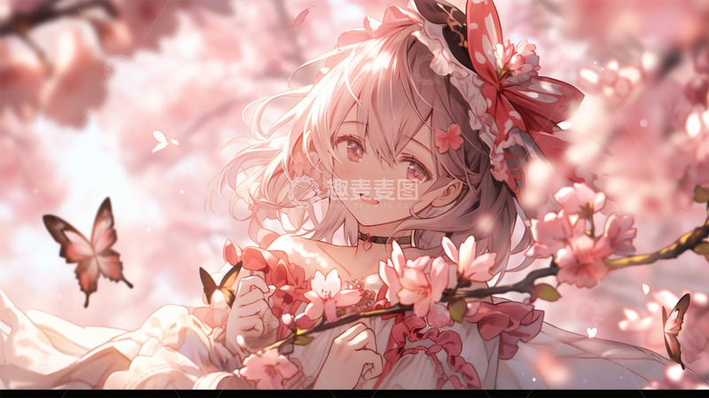 高清大图下载【趣麦麦图】卡通二次元人物美女蝴蝶鲜花场景