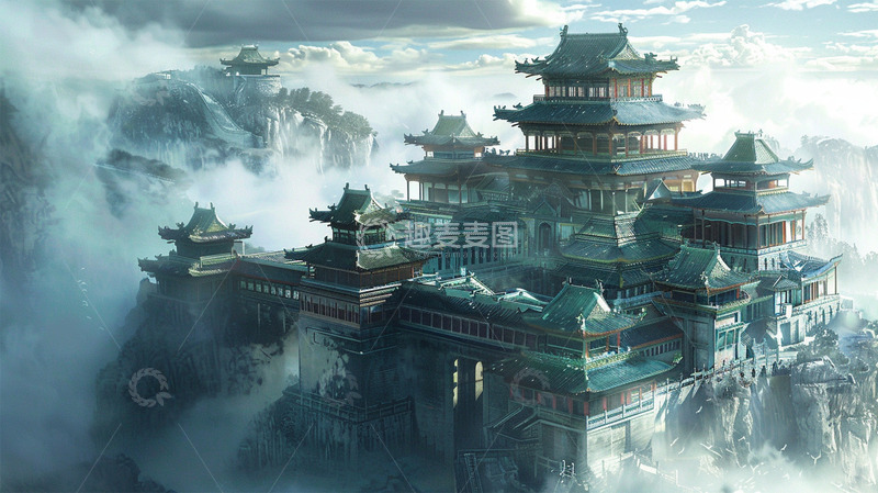 高清大图下载【趣麦麦图】中国风建筑山水唯美祥云场景