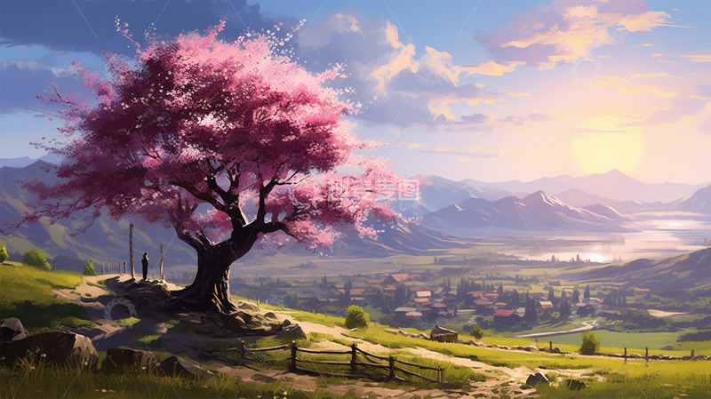 高清大图下载【趣麦麦图】春天桃花大树山水唯美风景场景