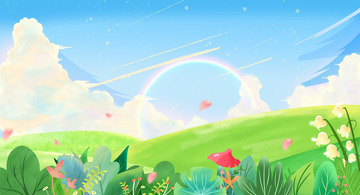 春天踏青卡通唯美蓝天白云草地风景背景