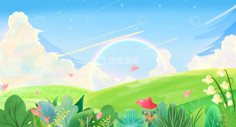 春天踏青卡通唯美蓝天白云草地风景背景