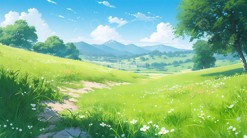 高清大图下载【趣麦麦图】春天植物蓝天白云山树唯美插画
