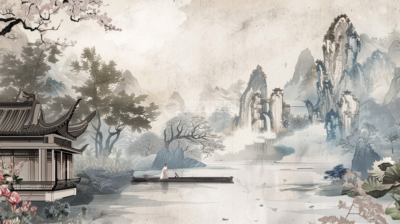 高清大图下载【趣麦麦图】中国风工笔建筑山水植物船场景