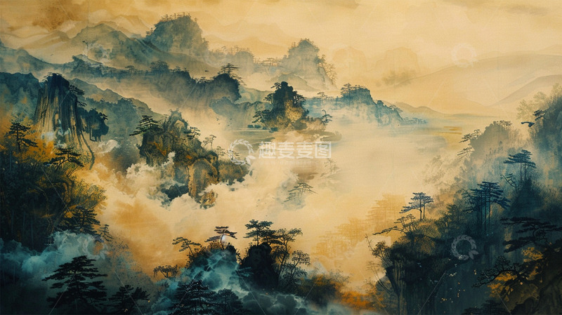 高清大图下载【趣麦麦图】中国风山水植物工笔风景插画场景