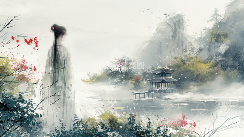 高清大图下载【趣麦麦图】中国风水墨工笔山水建筑人物插画