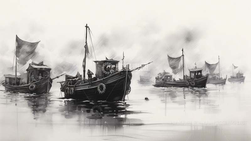 高清大图下载【趣麦麦图】中国风水墨船意境插画场景