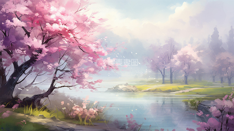 高清大图下载【趣麦麦图】春天唯美粉色鲜花场景插画
