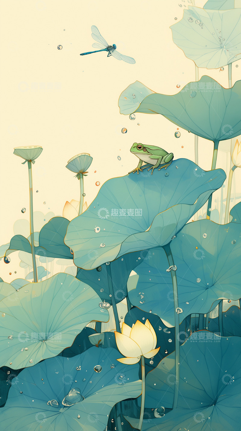 高清大图下载【趣麦麦图】国风荷塘风景插画背景