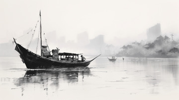 中国风水墨渔船意境场景插画