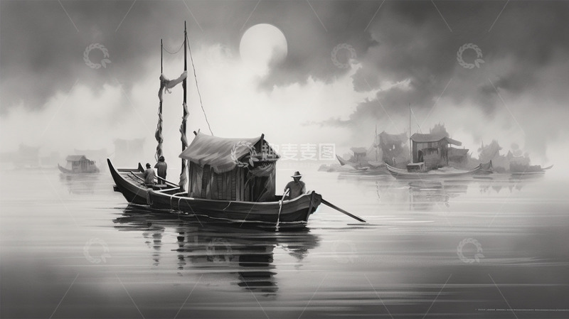 高清大图下载【趣麦麦图】中国风黑白渔船太阳水面场景