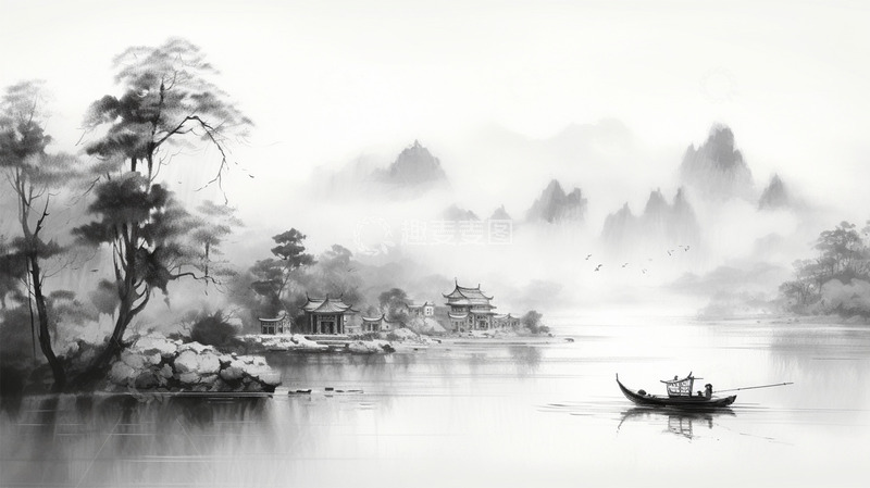 高清大图下载【趣麦麦图】中国风水墨建筑山水船场景