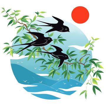 树枝燕子卡通插画素材