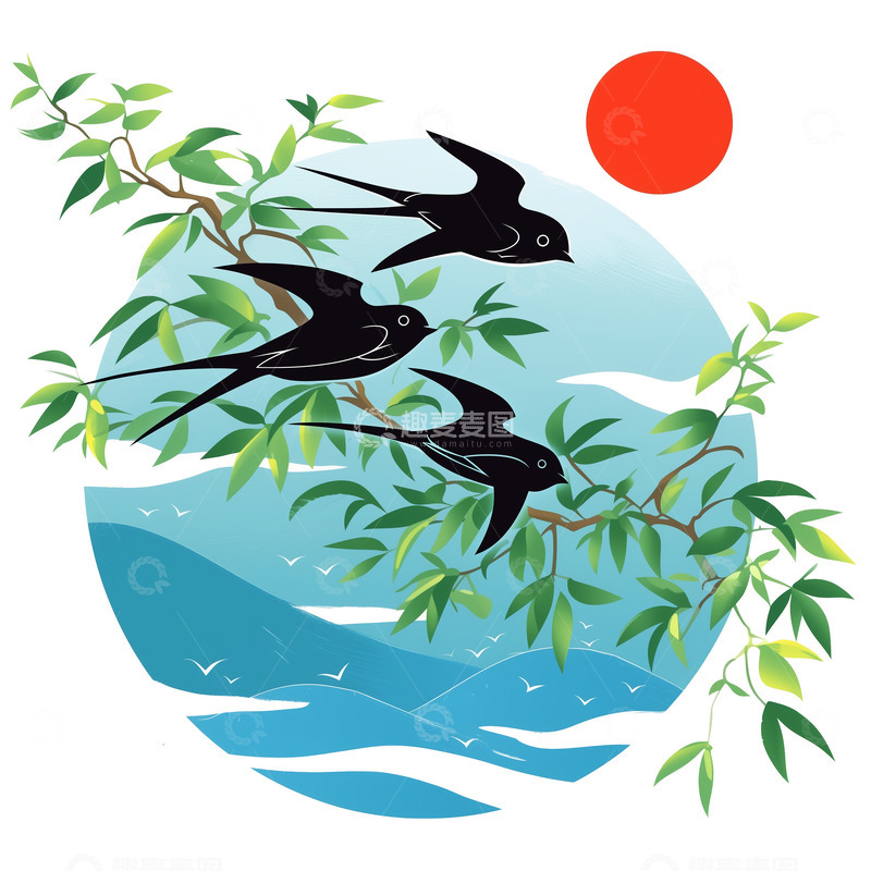 高清大图下载【趣麦麦图】树枝燕子卡通插画素材