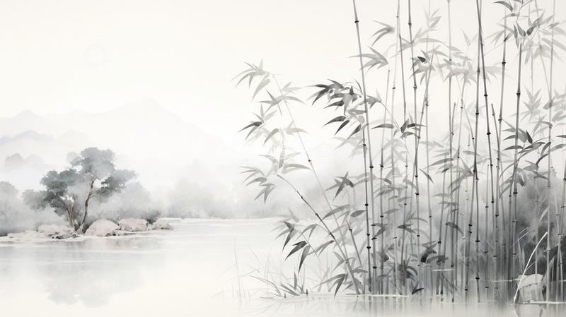 高清大图下载【趣麦麦图】中国风竹子水墨黑白场景壁纸