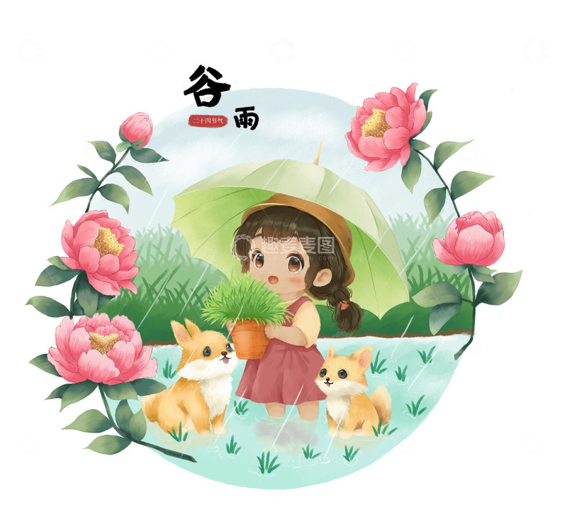 源文件下载【趣麦麦图】谷雨农耕场景牡丹元素