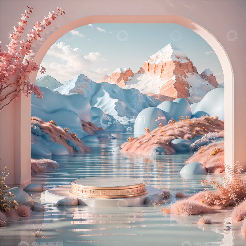 高清大图下载【趣麦麦图】C4D电商背景粉色风景展台