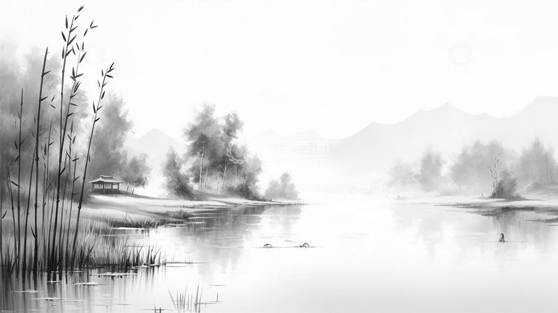 高清大图下载【趣麦麦图】中国风水墨黑白竹子意境场景