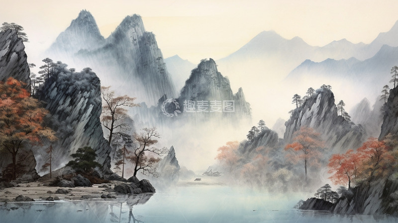 高清大图下载【趣麦麦图】中国风山水植物树场景插画