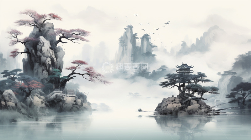 高清大图下载【趣麦麦图】中国风水墨黑白场景植物意境山水