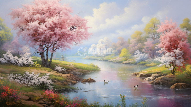 高清大图下载【趣麦麦图】春天小溪植物鲜花唯美场景