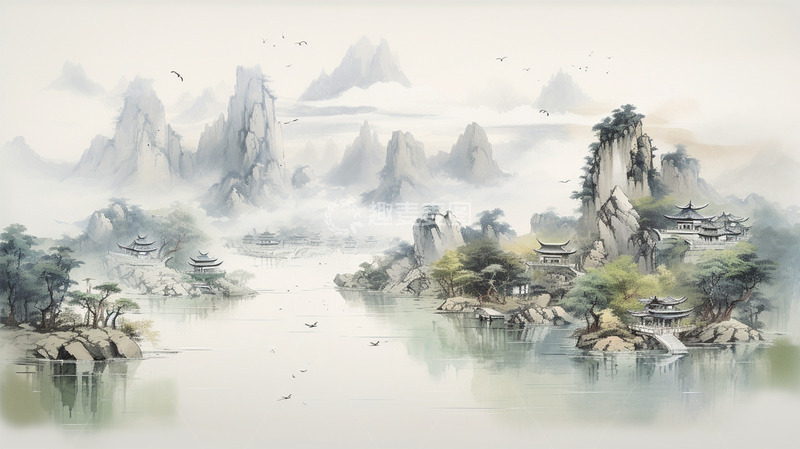 高清大图下载【趣麦麦图】中国风水墨山水建筑唯美场景