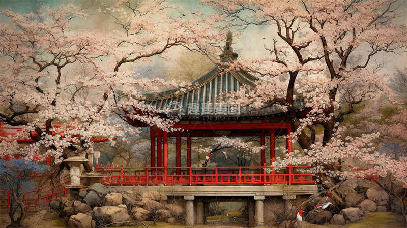 高清大图下载【趣麦麦图】-中国风建筑凉亭粉色唯美场景