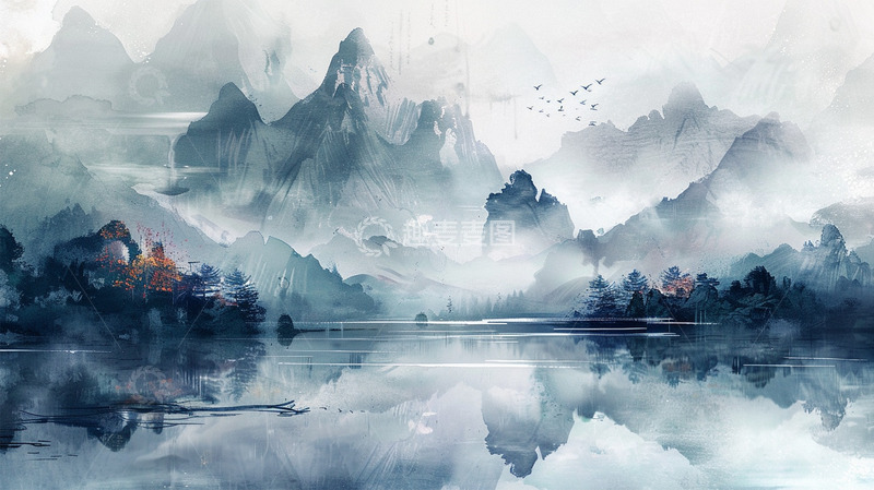 高清大图下载【趣麦麦图】-中国风山水意境水面场景插画