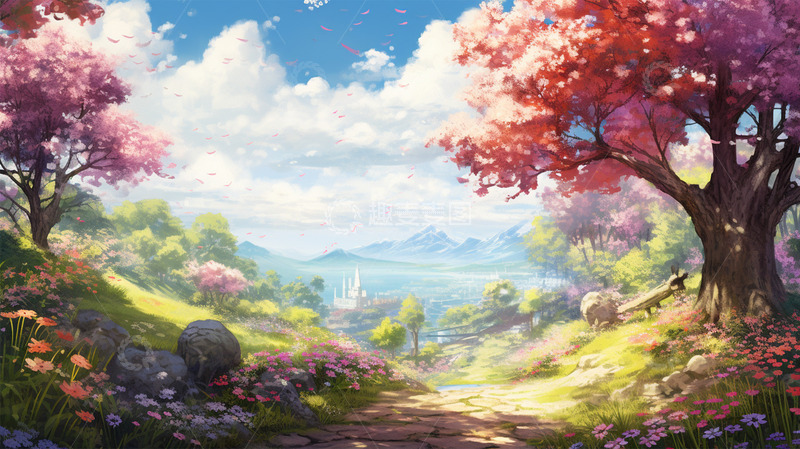 高清大图下载【趣麦麦图】春天鲜花植物山水蓝天白云唯美场景