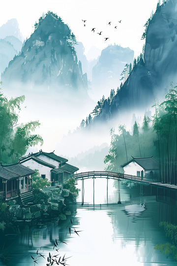 古风水墨江南山水建筑