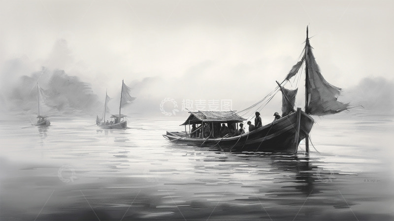 高清大图下载【趣麦麦图】中国风水墨水插画黑白船场景