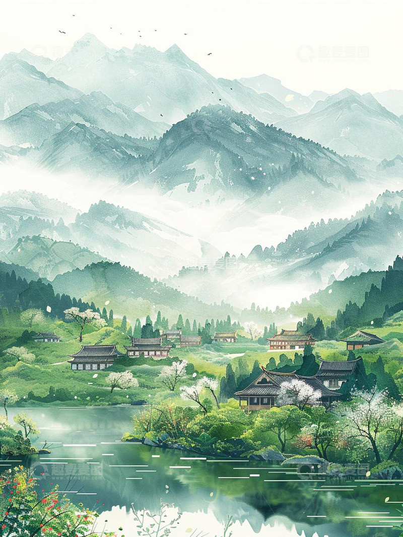 高清大图下载【趣麦麦图】雾气山林中小村庄风景图