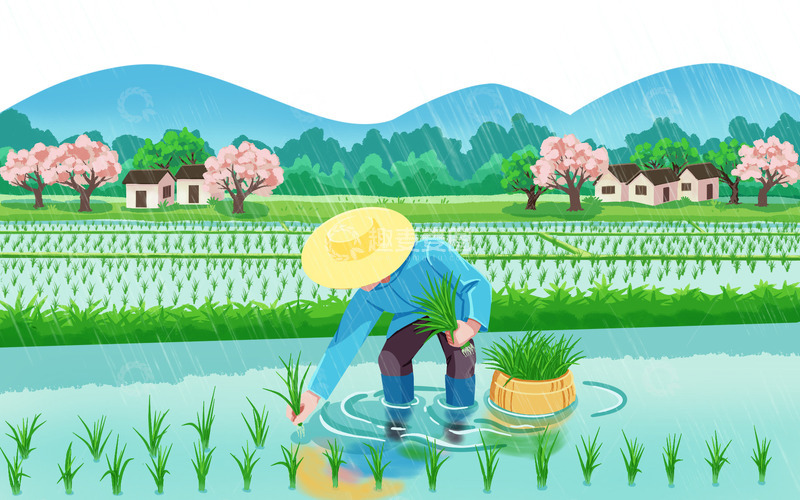 源文件下载【趣麦麦图】谷雨节气农耕插秧场景背景插画