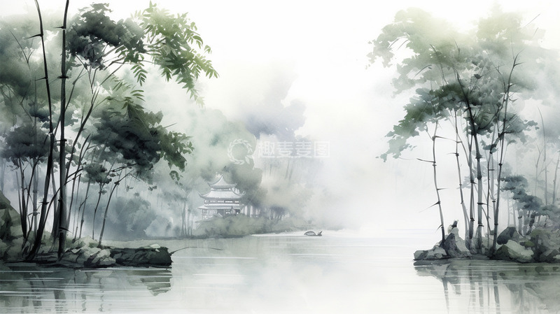 高清大图下载【趣麦麦图】中国风竹子水墨唯美场景插画