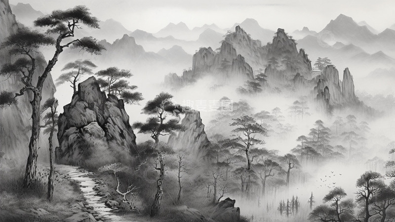 高清大图下载【趣麦麦图】中国风水墨黑白植物松树场景