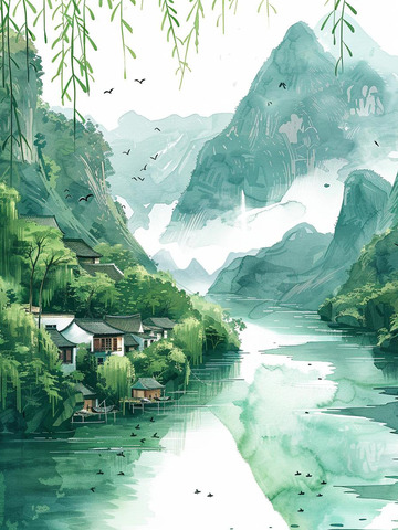 青山绿水飞鸟村庄风景图