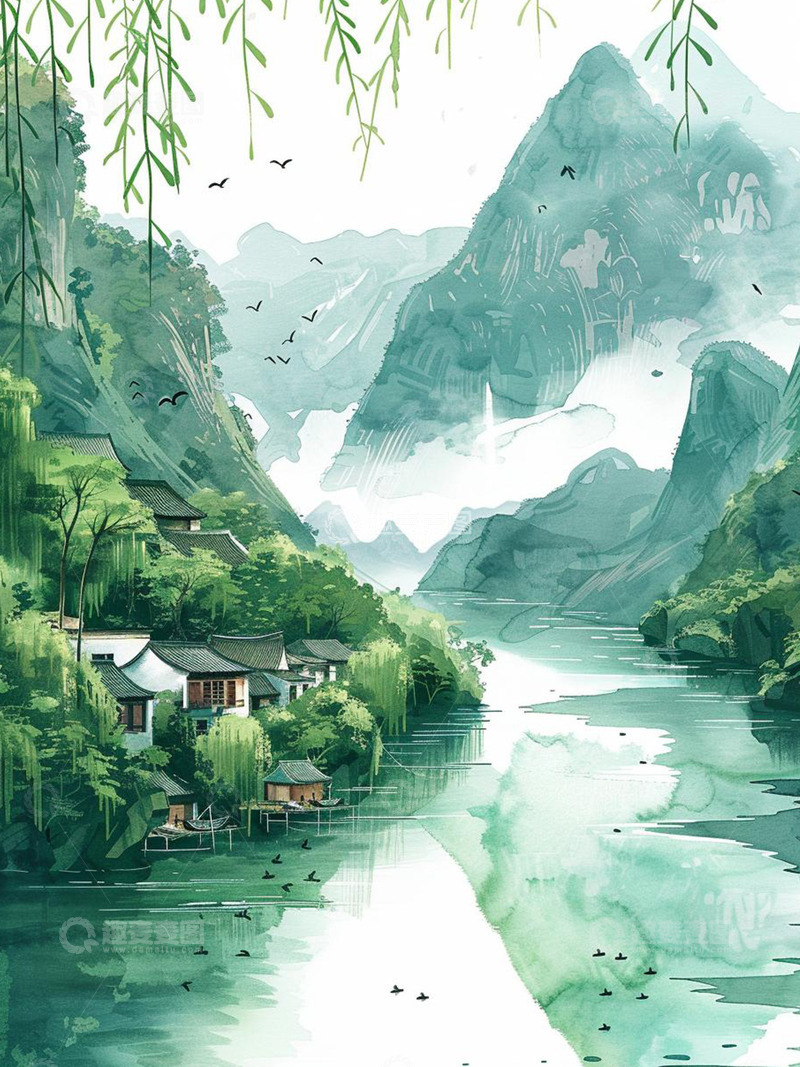 高清大图下载【趣麦麦图】青山绿水飞鸟村庄风景图